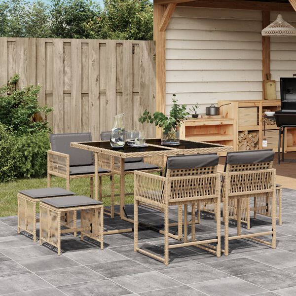 vidaXL 9-delige Tuinset met kussens poly rattan gemengd beige