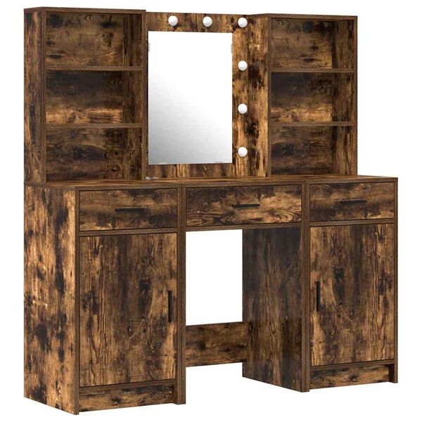 vidaXL Make-up tafel set met LED 3 pcs Gerookt eiken Bewerkt hout
