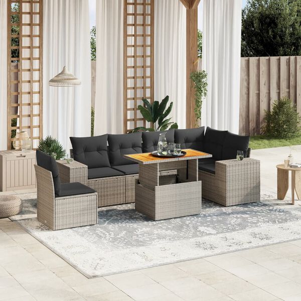 vidaXL 7-delige Loungeset met kussens poly rattan grijs