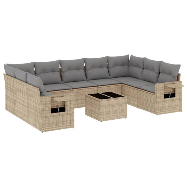 vidaXL 10-delige Loungeset met kussens poly rattan beige