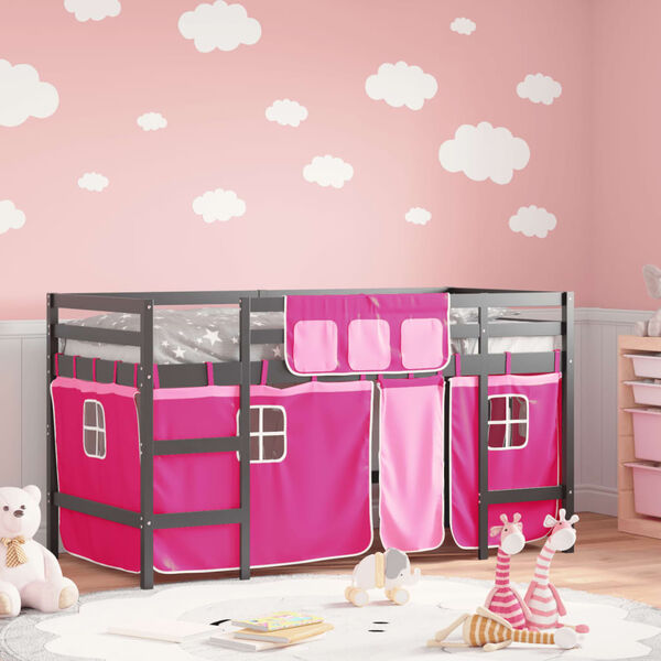 vidaXL Kinderhoogslaper met gordijnen 90x200 cm grenenhout roze