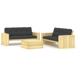 vidaXL 3-delige Loungeset met kussens ge&iuml;mpregneerd grenenhout