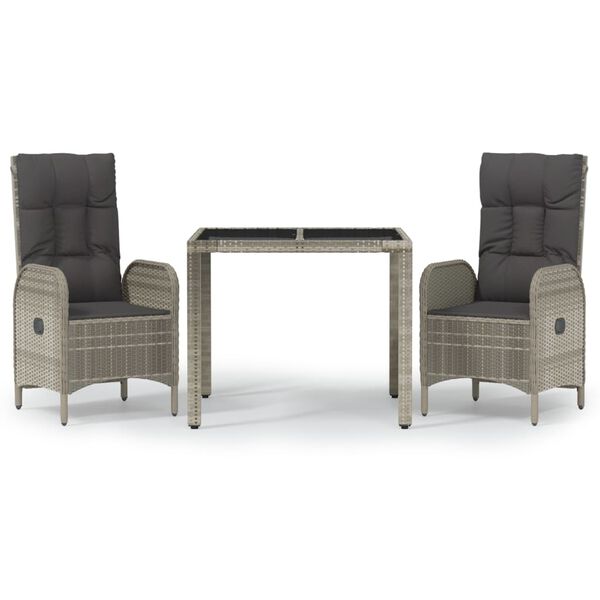 vidaXL 3-delige Tuinset met kussens poly rattan grijs