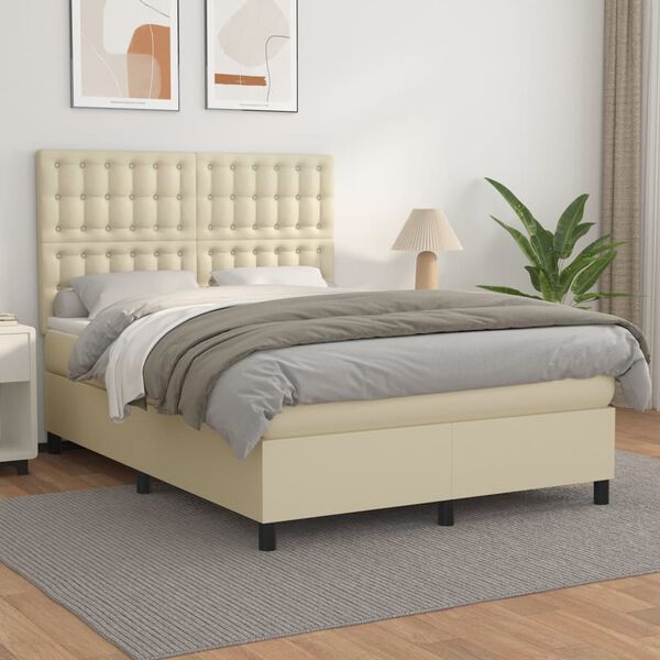 vidaXL Boxspring met matras kunstleer cr&egrave;mekleurig 140x190 cm