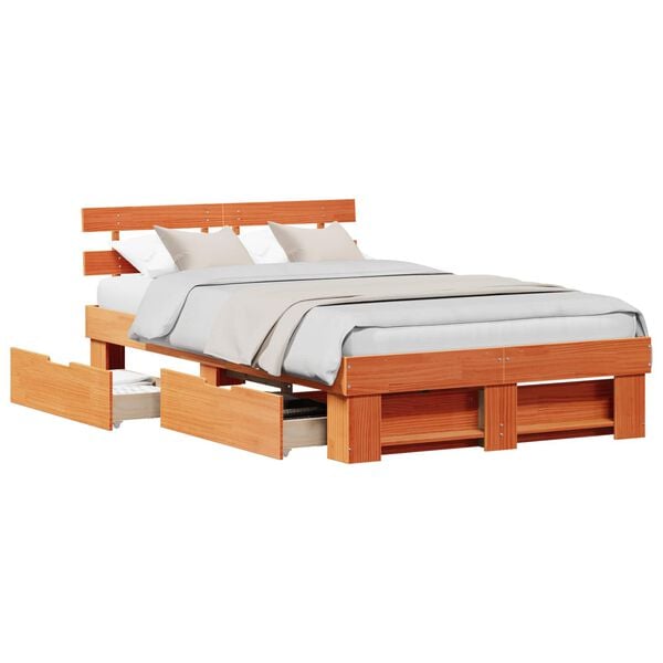 vidaXL Bedframe met lade Wasbruin 140 x 190 cm Massief grenenhout