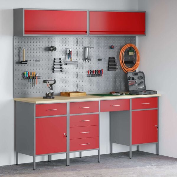 vidaXL Werk kast met lade 10 pcs Rood Engineered hout en staal