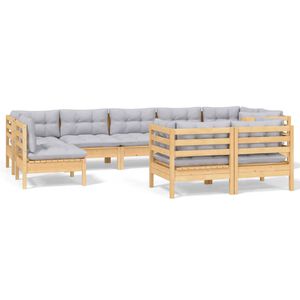 vidaXL 9-delige Loungeset met grijze kussens massief grenenhout