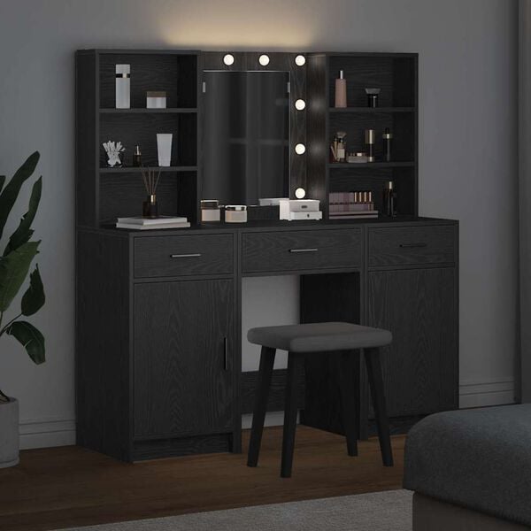 vidaXL Make-up tafel set met LED 3 pcs Zwart Eiken Bewerkt hout