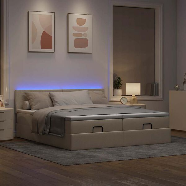 vidaXL Ottoman bed met matrassen en LED's 180x200cm stof cr&egrave;mekleurig