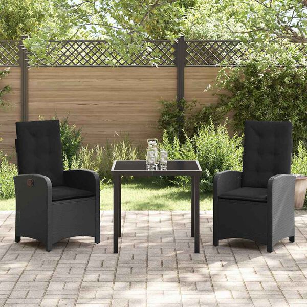 vidaXL Tuin eettafelset met kussen 3 pcs Zwart poly rattan