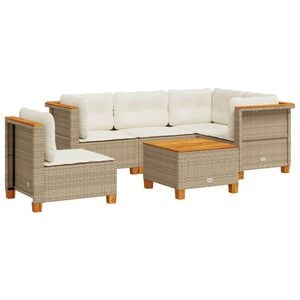 vidaXL 6-delige Loungeset met kussens poly rattan beige