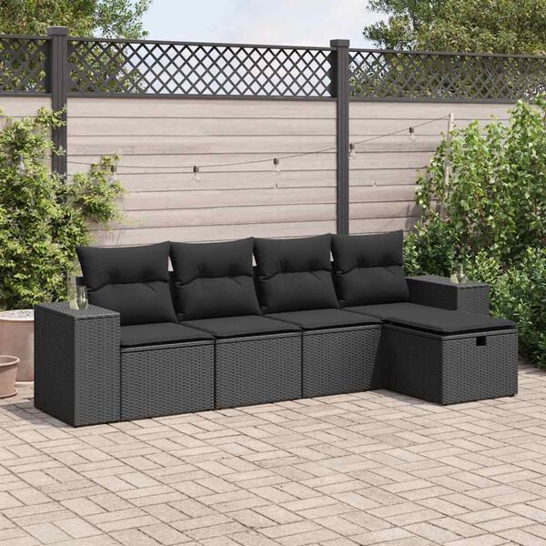 vidaXL 5-delige Loungeset met kussens poly rattan zwart