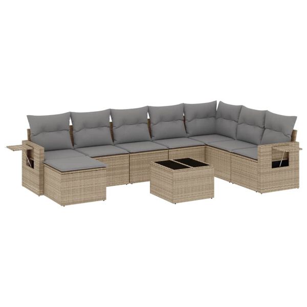 vidaXL 9-delige Loungeset met kussens poly rattan beige
