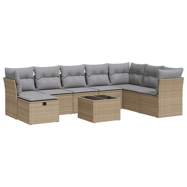 vidaXL 9-delige Loungeset met kussens poly rattan beige