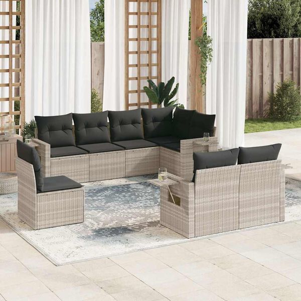 vidaXL 8-delige Loungeset met kussens poly rattan lichtgrijs