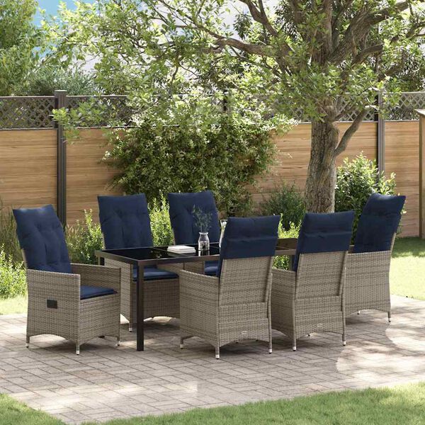 vidaXL Tafel en stoelen set met kussen 7 pcs Grijs PE Rattan