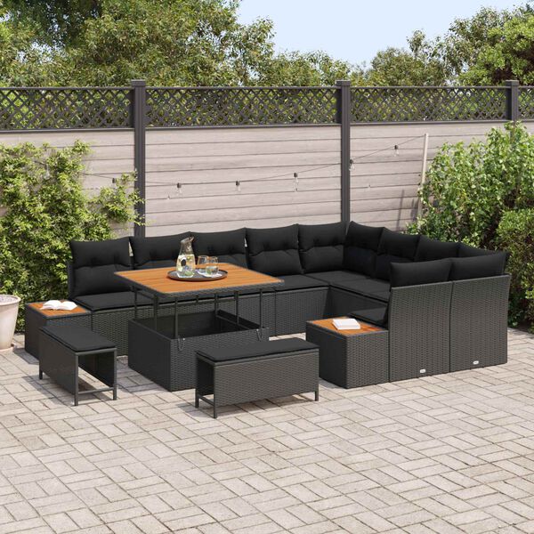 vidaXL Tuin Sofa Set met kussen met opslag Zwart Poly riet