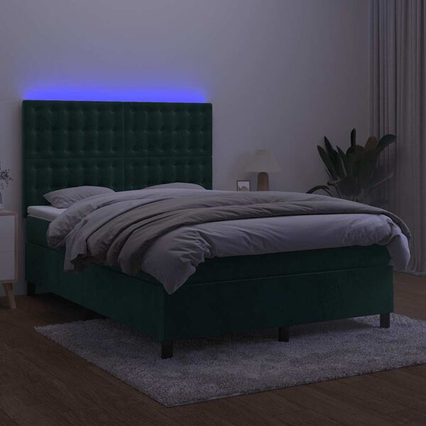 vidaXL Boxspring met matras en LED fluweel donkergroen 140x200 cm