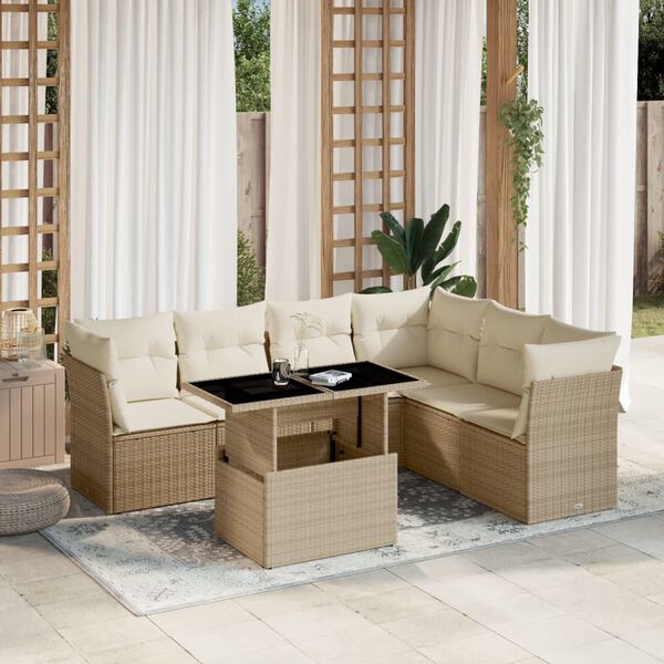 vidaXL 7-delige Loungeset met kussens poly rattan beige