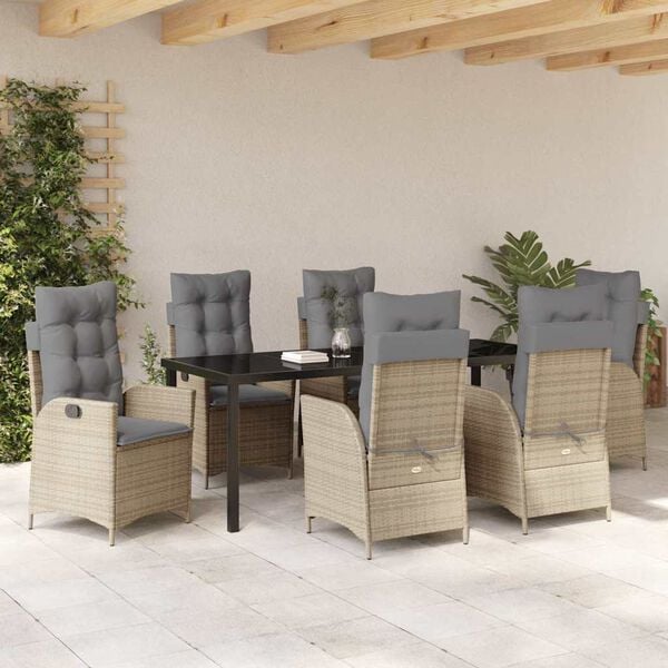 vidaXL Tuin eettafelset met kussen 7 pcs Beige poly rattan