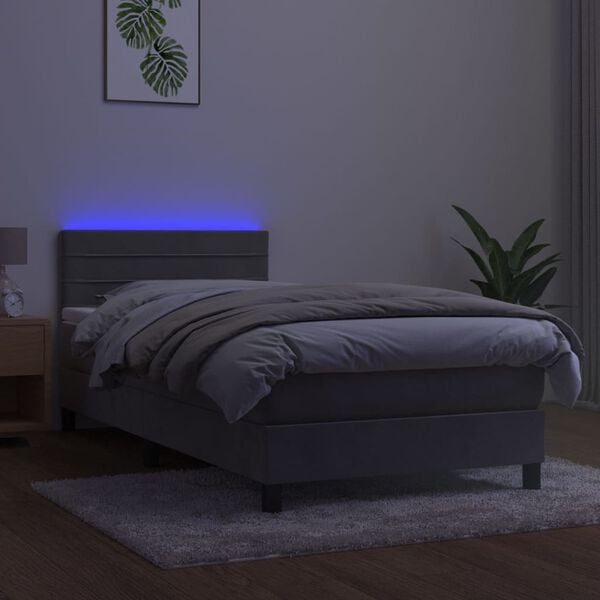 vidaXL Boxspring met matras en LED fluweel lichtgrijs 90x200 cm