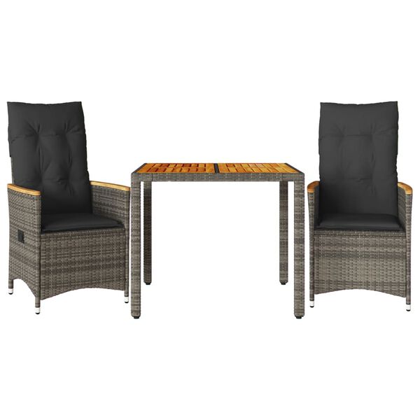 vidaXL 3-delige Bistroset met kussens poly rattan grijs
