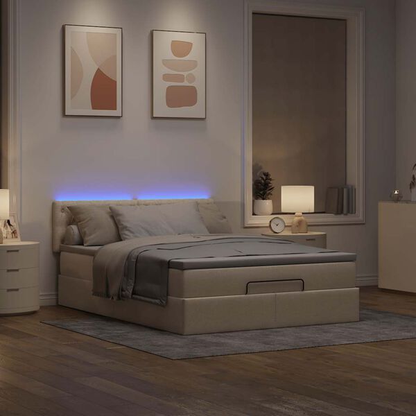 vidaXL Bed poef met matras en LED's stof 140x190 cm cr&egrave;me