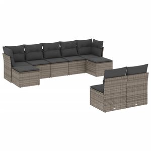vidaXL 9-delige Loungeset met kussens poly rattan grijs