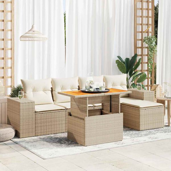 vidaXL 6-delige Loungeset met kussens poly rattan beige