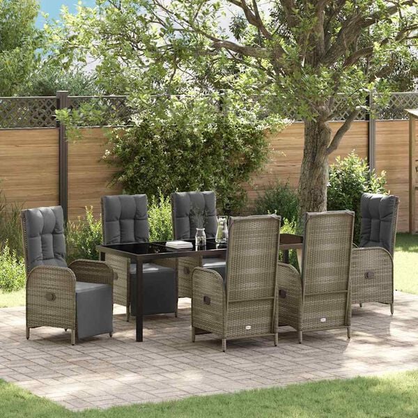 vidaXL Tuin eettafelset met kussen 7 pcs Grijs poly rattan