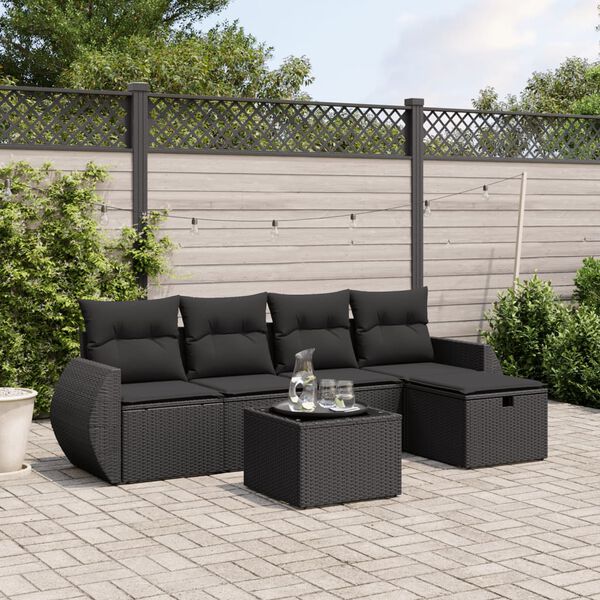 vidaXL 5-delige Loungeset met kussens poly rattan zwart