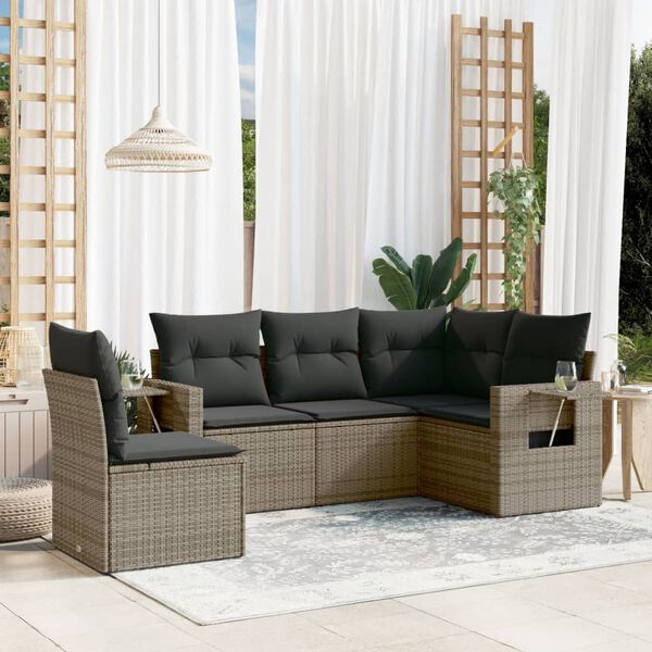 vidaXL 5-delige Loungeset met kussens poly rattan grijs