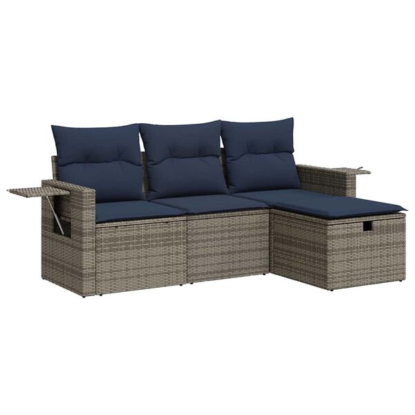 vidaXL 4-delige Loungeset met kussens poly rattan grijs
