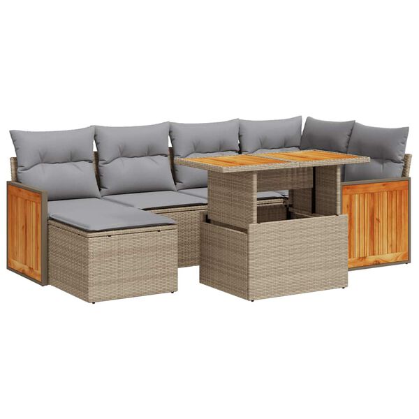 vidaXL 7-delige Loungeset met kussens poly rattan acacia beige
