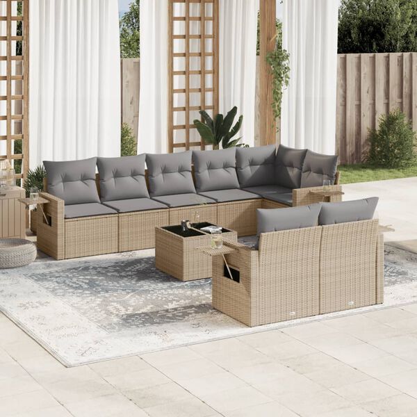 vidaXL 9-delige Loungeset met kussens poly rattan beige
