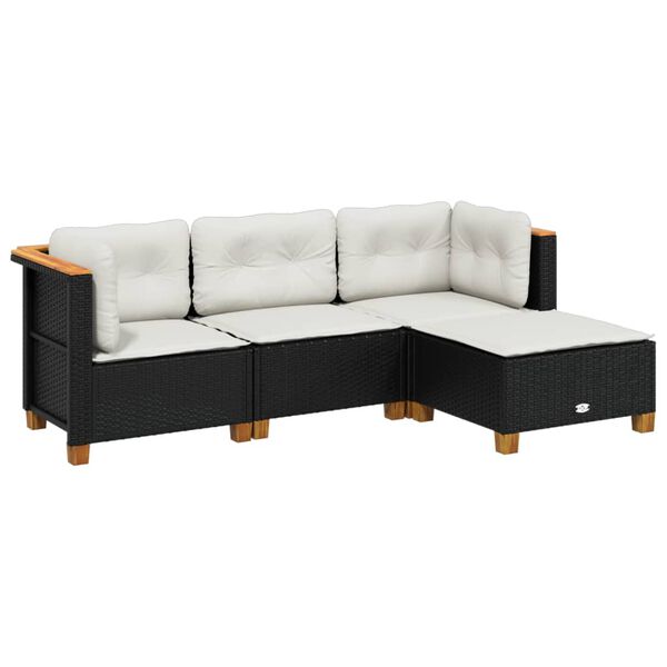 vidaXL 4-delige Loungeset met kussens poly rattan zwart