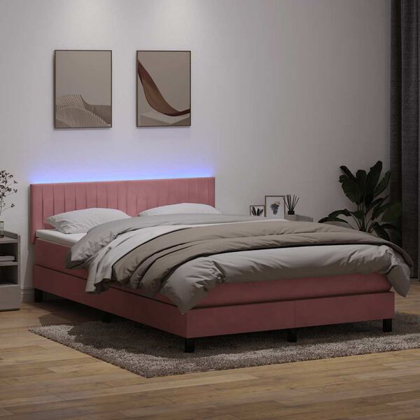 vidaXL Boxspring met matras en LED fluweel roze 140x220 cm