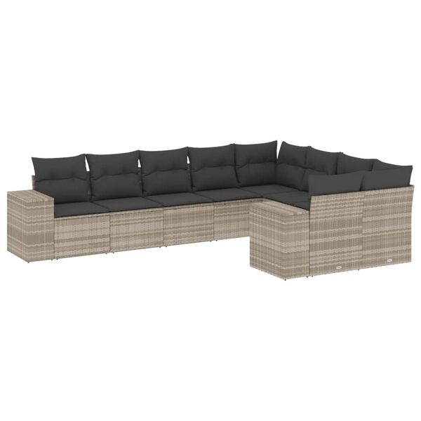 vidaXL 9-delige Loungeset met kussens poly rattan lichtgrijs