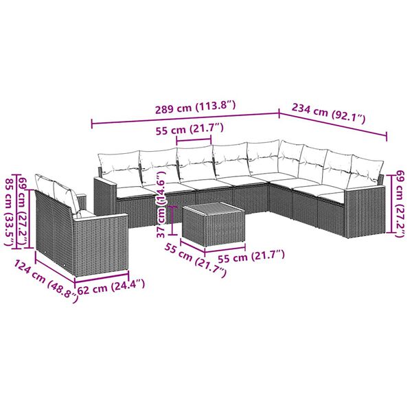 vidaXL 11-delige Loungeset met kussens poly rattan zwart