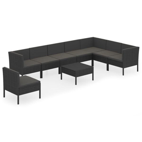 vidaXL 9-delige Loungeset met kussens poly rattan zwart