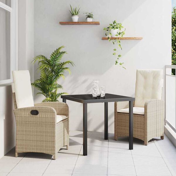 vidaXL Tuin eettafelset met kussen 3 pcs Beige poly rattan