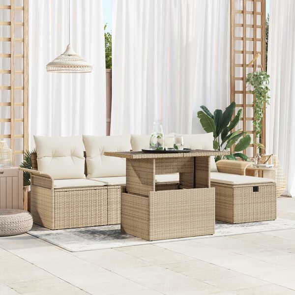 vidaXL Tuin Sofa Set met kussen met opslag 6 pcs Beige Poly riet