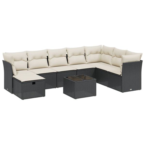 vidaXL 9-delige Loungeset met kussens poly rattan zwart