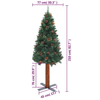 vidaXL Kerstboom met echt hout en dennenappels smal 210 cm PVC groen