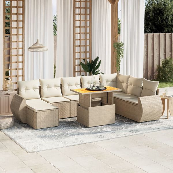 vidaXL 9-delige Loungeset met kussens poly rattan beige
