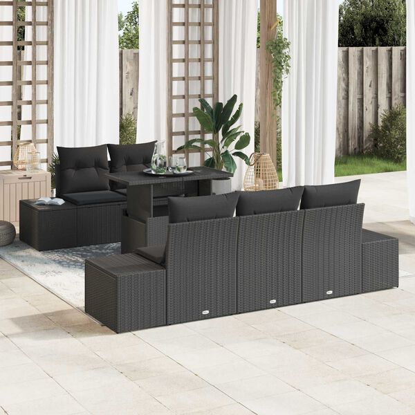vidaXL Bankstel met kussen 6 pcs Zwart poly rattan