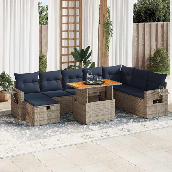 vidaXL 9-delige Loungeset met kussens poly rattan acacia grijs