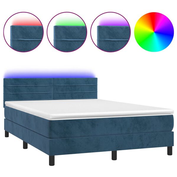 vidaXL Boxspring met matras en LED fluweel donkerblauw 140x200 cm