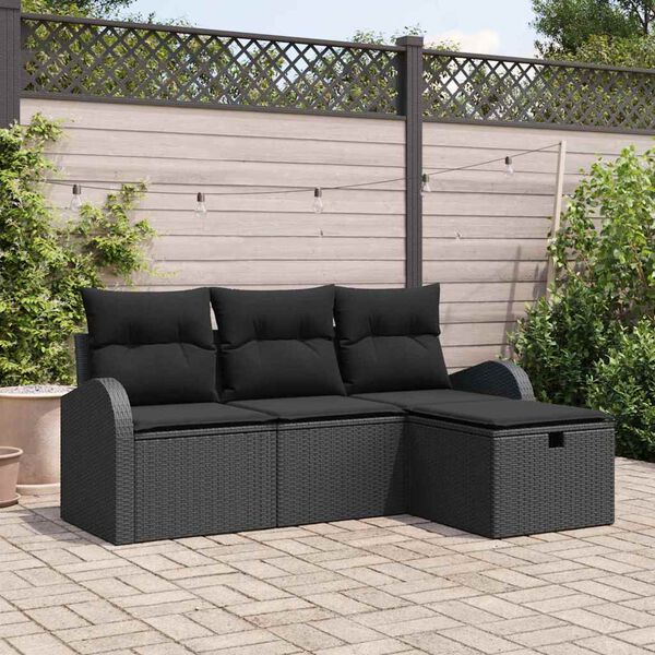 vidaXL Bankstel met kussen met opslag 4 pcs Zwart poly rattan