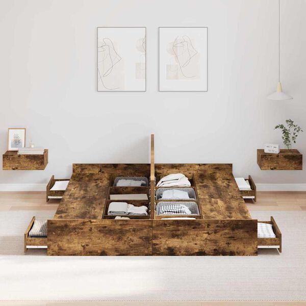 vidaXL Opbergbedframe met lade Gerookt eiken 150 x 200 cm Bewerkt hout